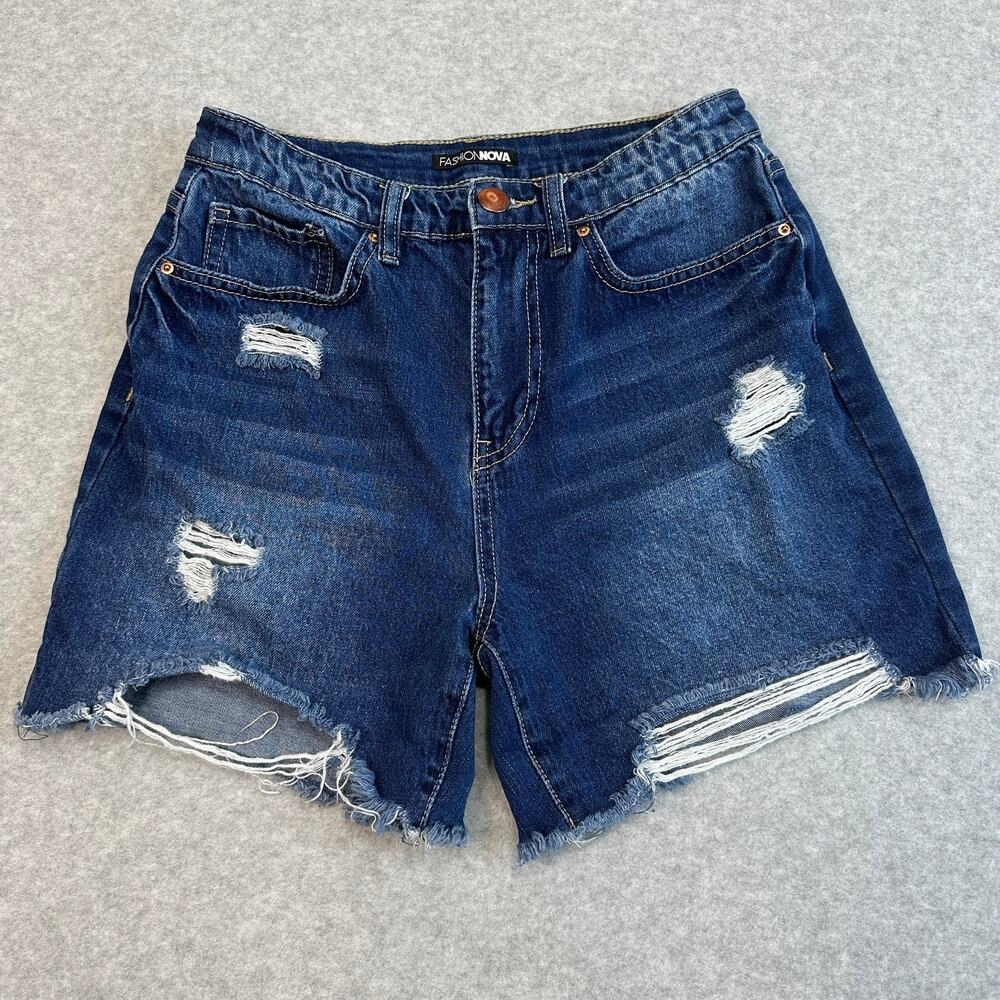 Fashion Nova Cut-Off Short WMNS 7 Dark Wash Denim Distressed High Rise Zip Fly